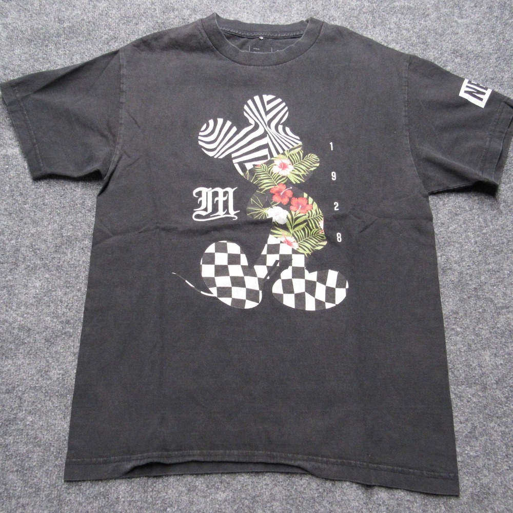 Disney x Neff Mickey Mouse Graphic T-Shirt Mens Medium Black Floral Checkerboard